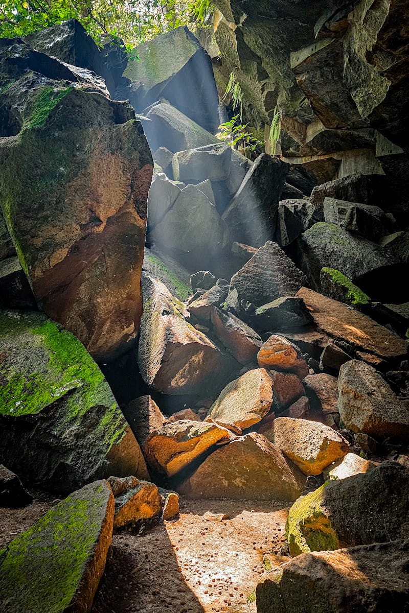 Sunlight beams through a rocky forest cave in La Libertad, El Salvador.